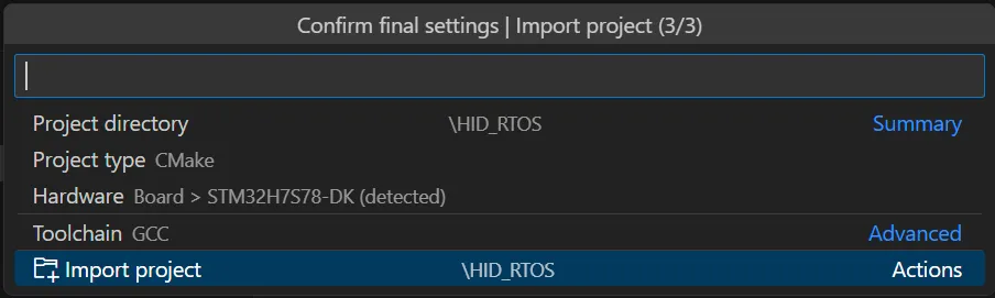 Confirm import project dialog with Import project highlighted Confirm import project dialog with Import project highlighted