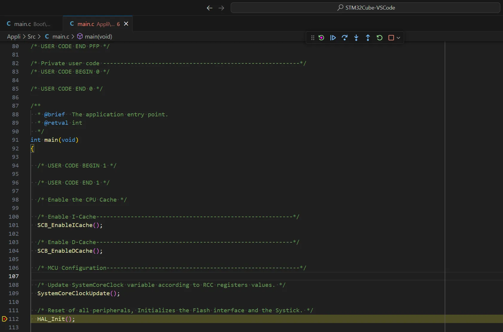 Appli\Src\main.c with the debugger stopped on line 112 Appli\Src\main.c with the debugger stopped on line 112