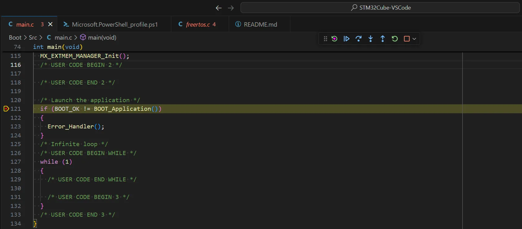 Boot\Src\main.c with the debugger stopped on line 121 and a red dot in the margin of that line