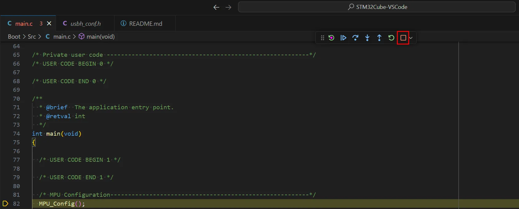 Main.c tab with an indicator showing that execution is paused on line 82