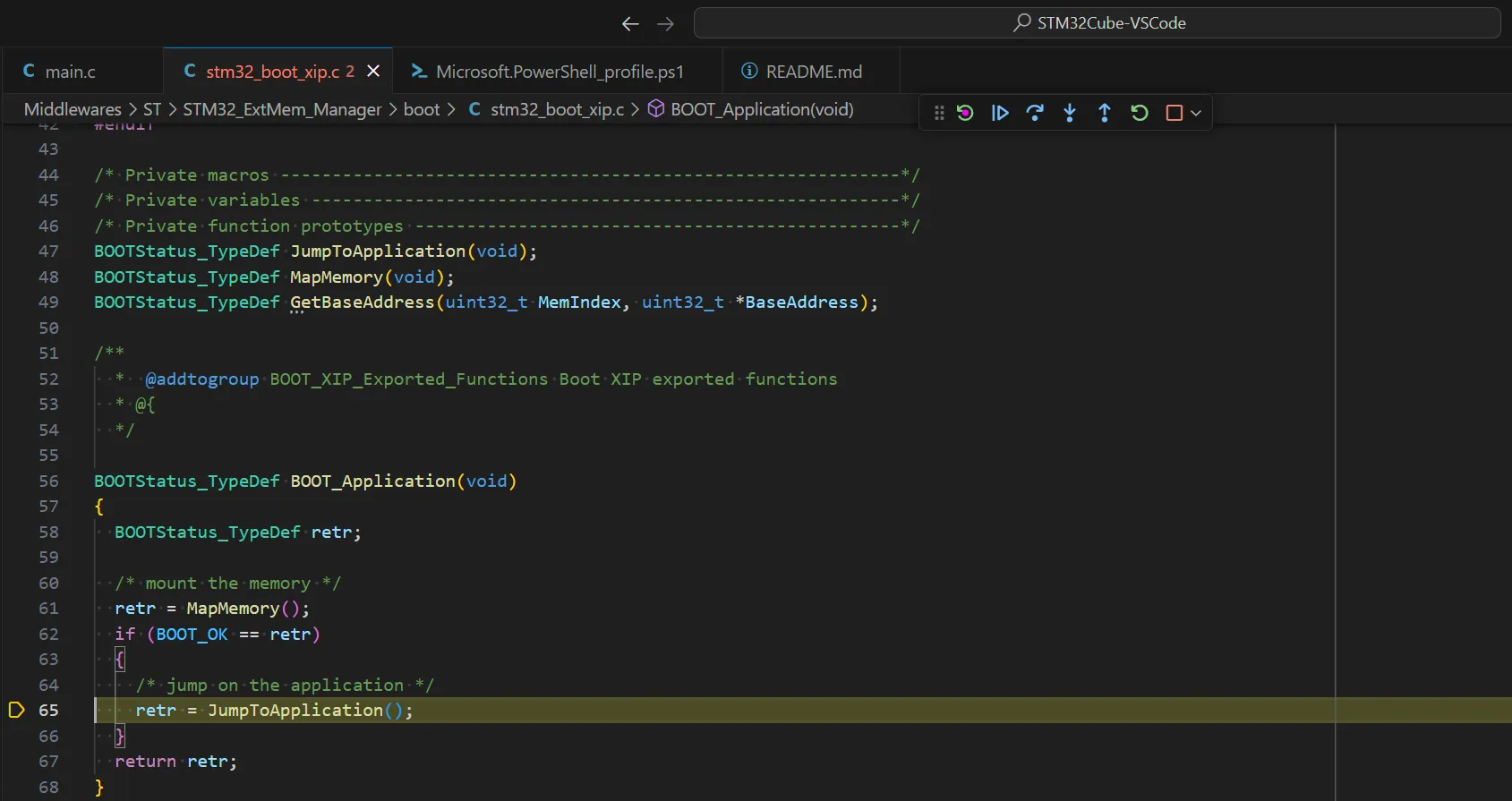 (stm32_boot_xip.c with the debugger stopped on line 65)