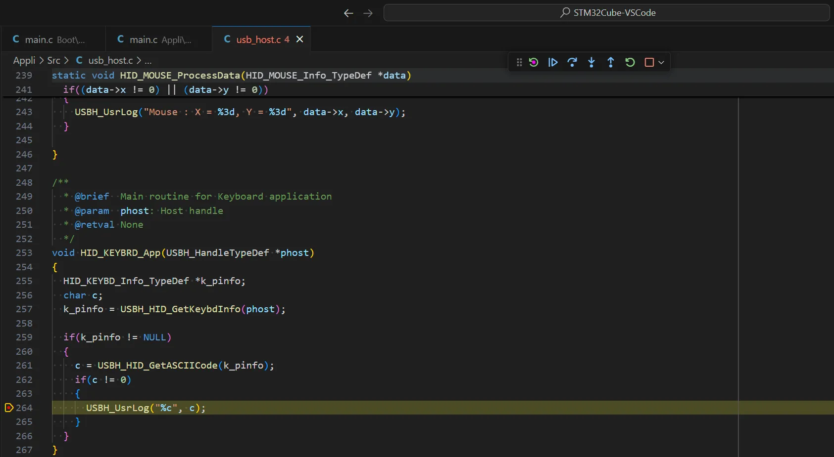 usb_host.c with the debugger stopped on line 264 usb_host.c with the debugger stopped on line 264