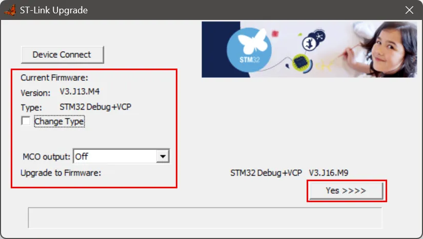 ST Link Upgrade utility with default settings and Yes button highlighted ST Link Upgrade utility with default settings and Yes button highlighted