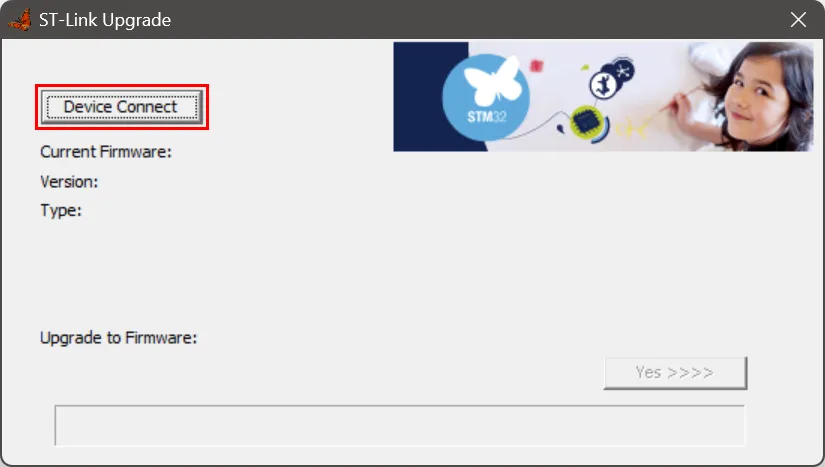 ST Link Upgrade utility with Device Connect button highlighted