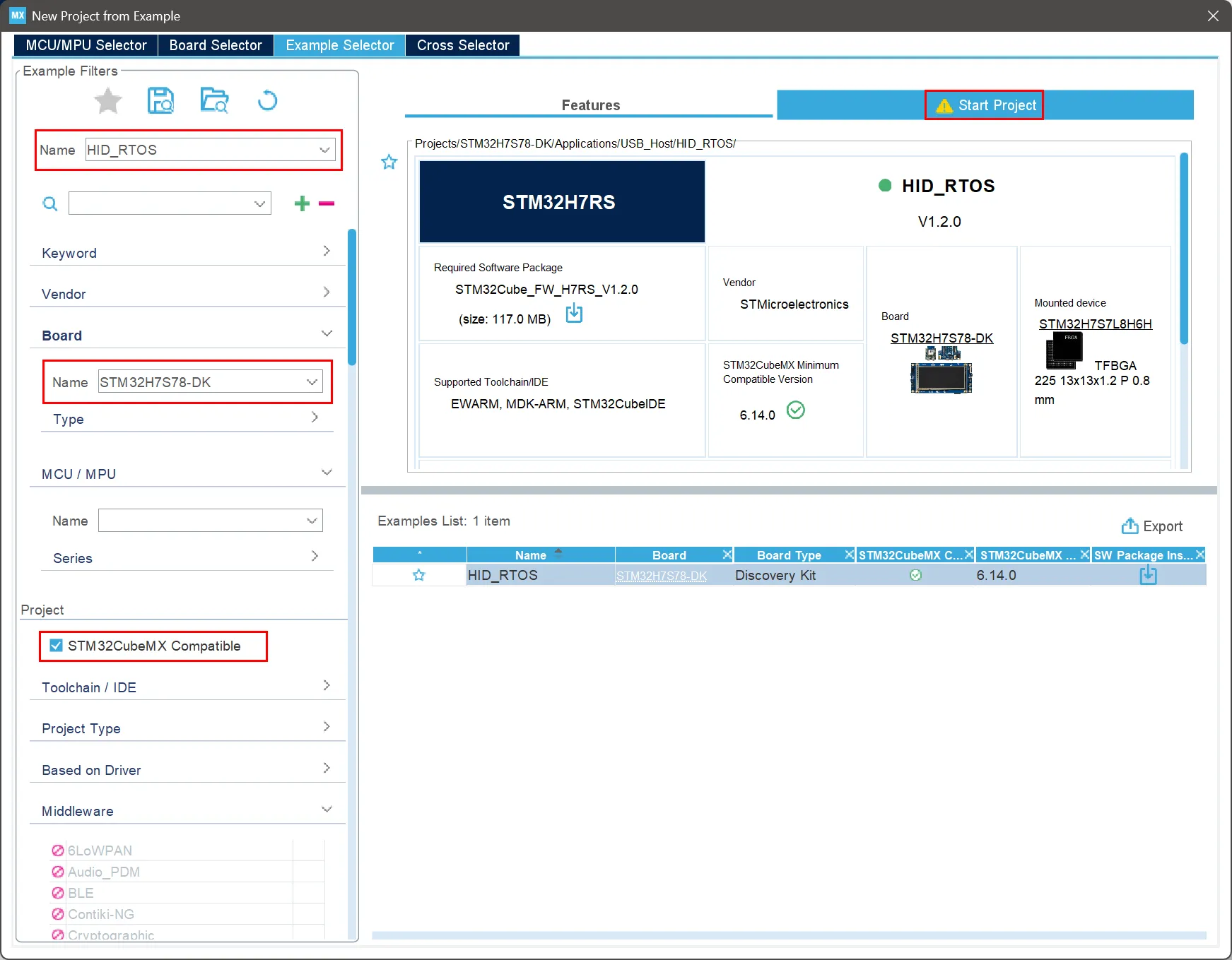 STM32CubeMX example selector, with filters applied