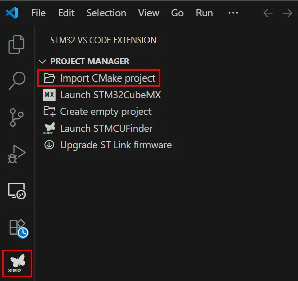 STM32 VS Code Extension sidebar with Import CMake Project highlighted STM32 VS Code Extension sidebar with Import CMake Project highlighted