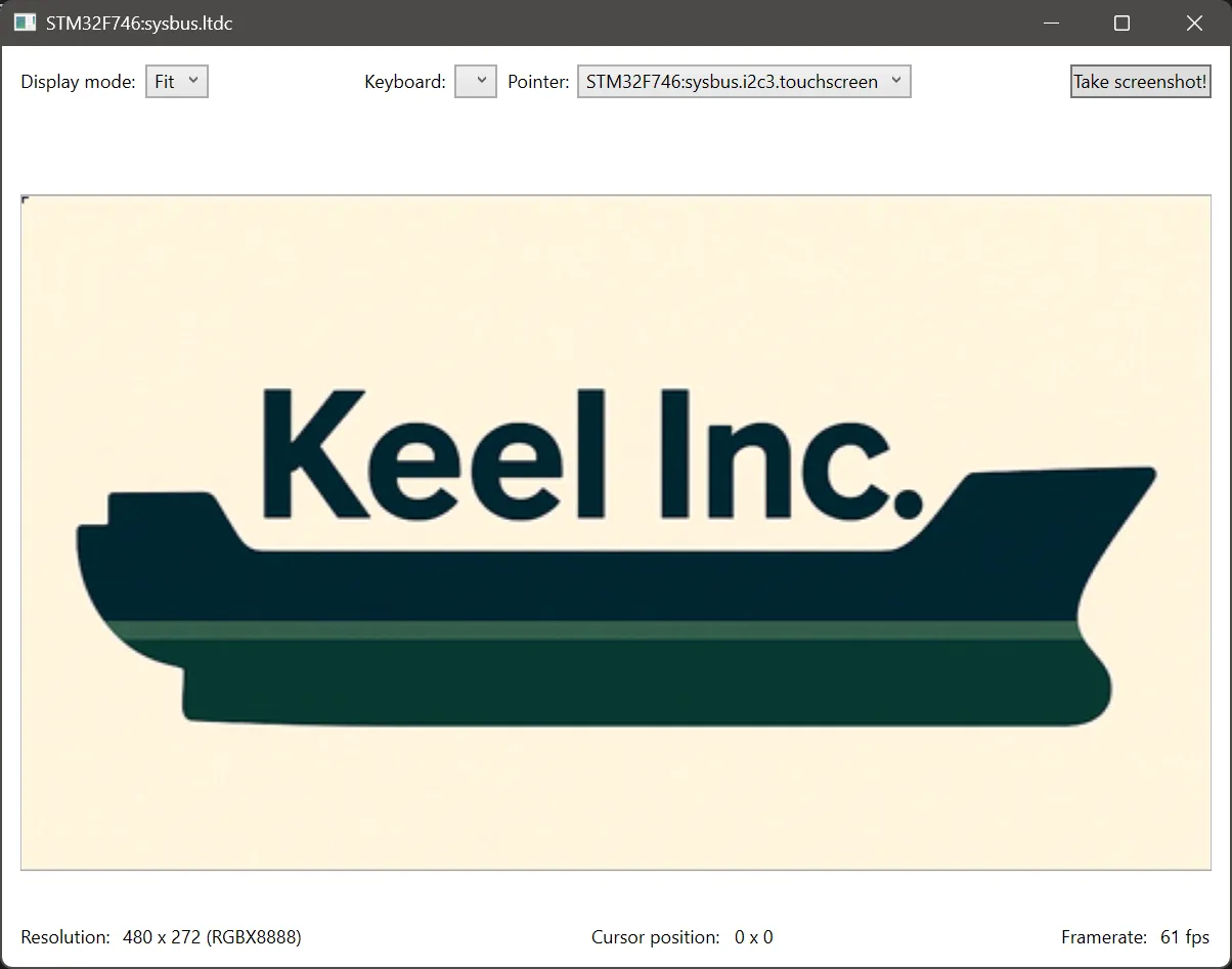 Renode simulation showing the Keel Inc logo displayed on the STM32F746 LCD screen