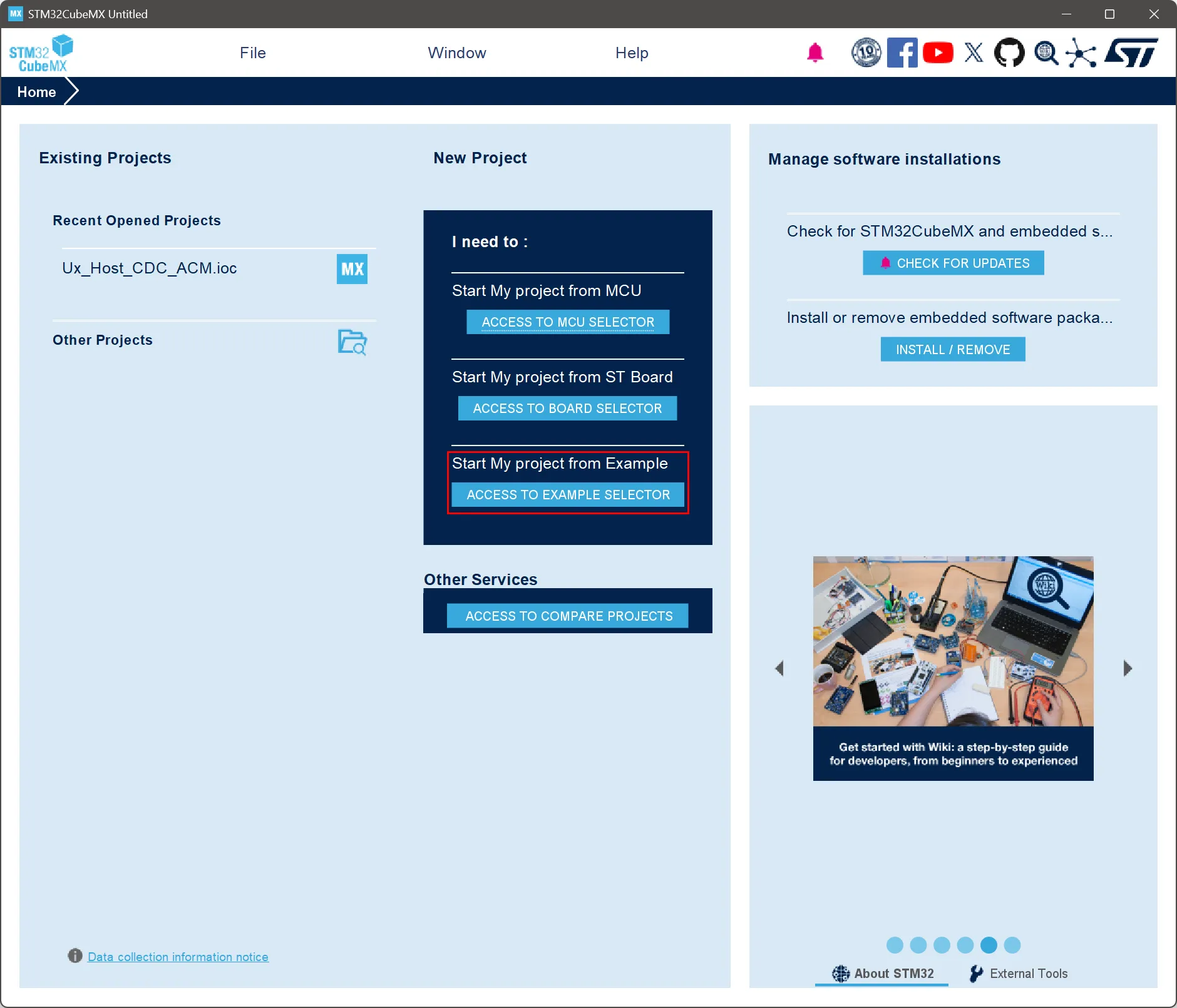 STM32CubeMX landing page, with the Access to Example Selector button highlighted