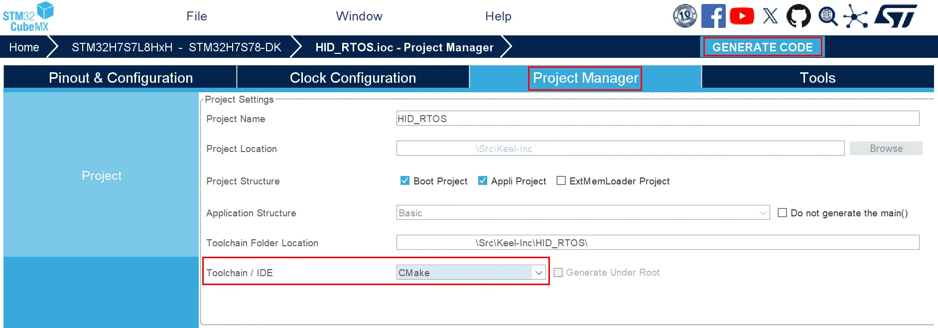 Project Manager tab with Toolchain / IDE highlighted and Generate Code button highlighted