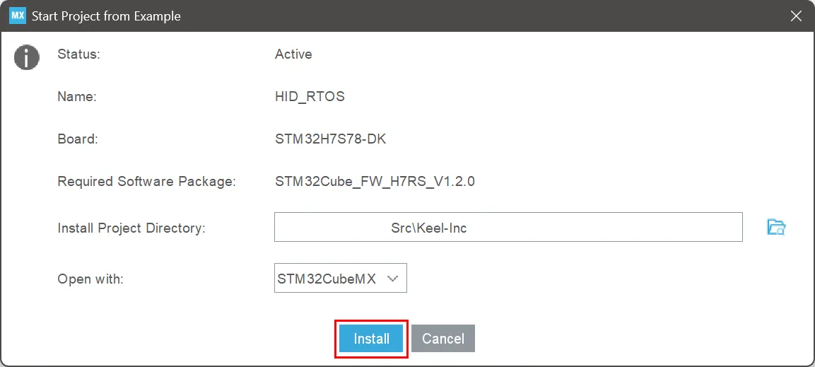 Start Project from Example dialog with Install button highlighted