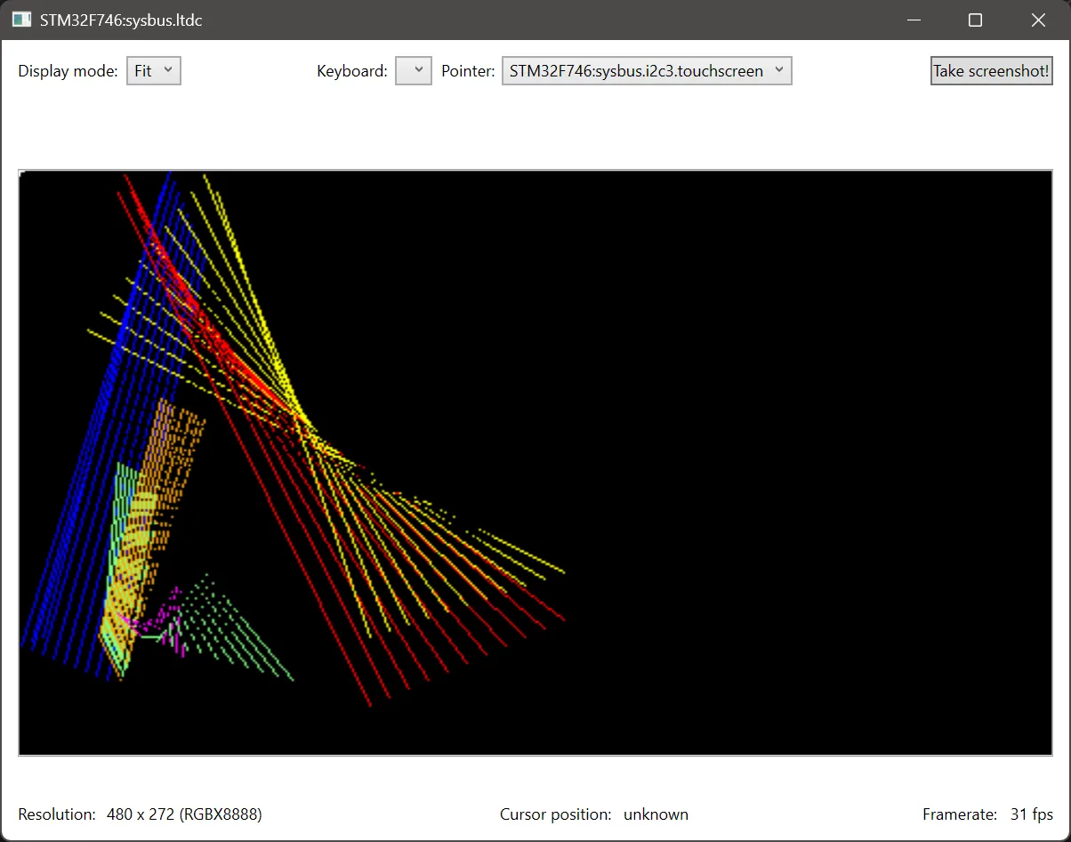 STM32F746 Renode demo showing a recreation of the Mistify screen saver from Windows 95